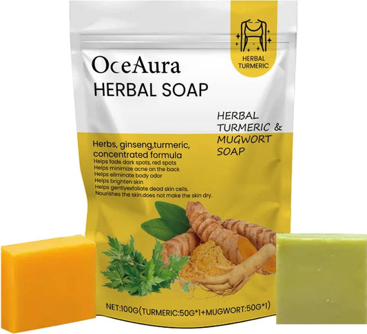 OceAura Herbal Turmeric & Mugwort Soap 100g - 2 in 1 Pack (50g x 2) - Body Acne Soap